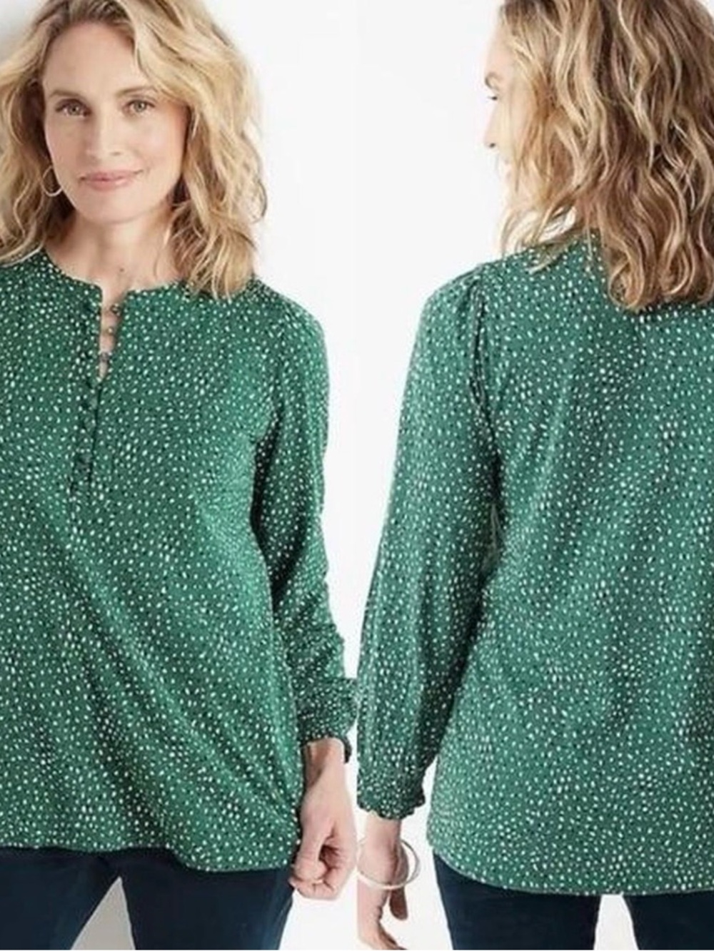 J. Jill 2X Green Sweet Clover Green Dot Print‎ Long Sleeve Henley Top Natural